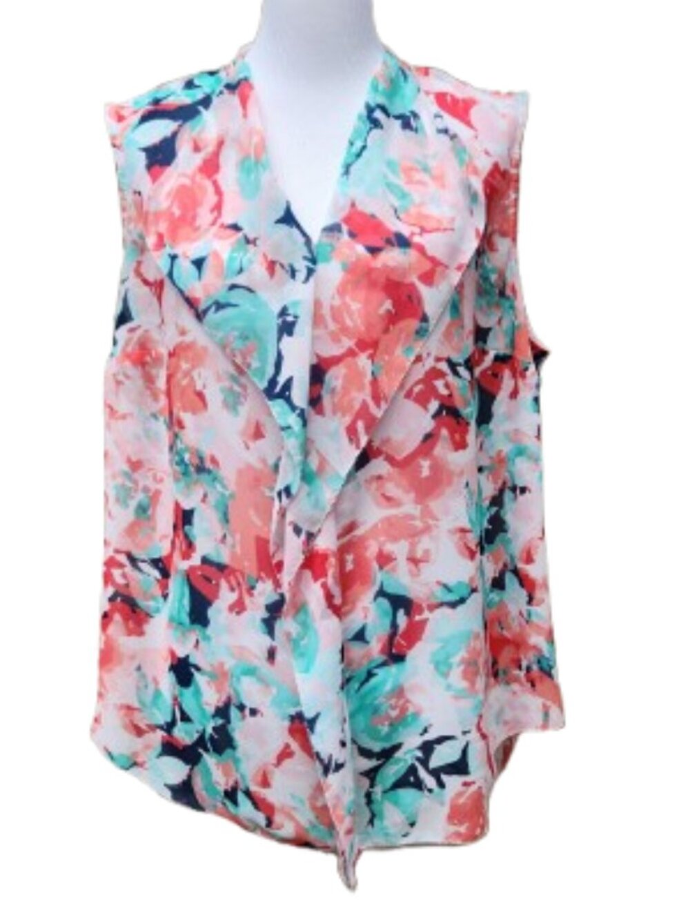 Liz Claiborne Plus Sleeveless Chiffon Blouse Ruffle Multicolor Abstract Floral